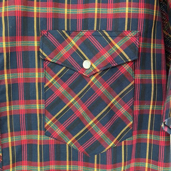 Vintage Rustler Blue Red Green Plaid XLong Tails Pearl Snap Western Shirt Top - Picture 5 of 9
